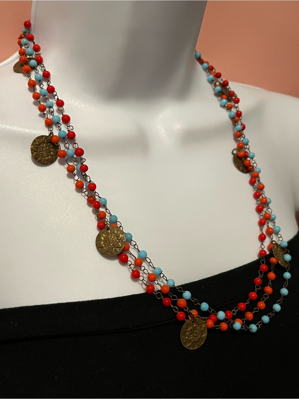 Layered Beaded Medallion Charm Necklace with Red and Turquoise Beads